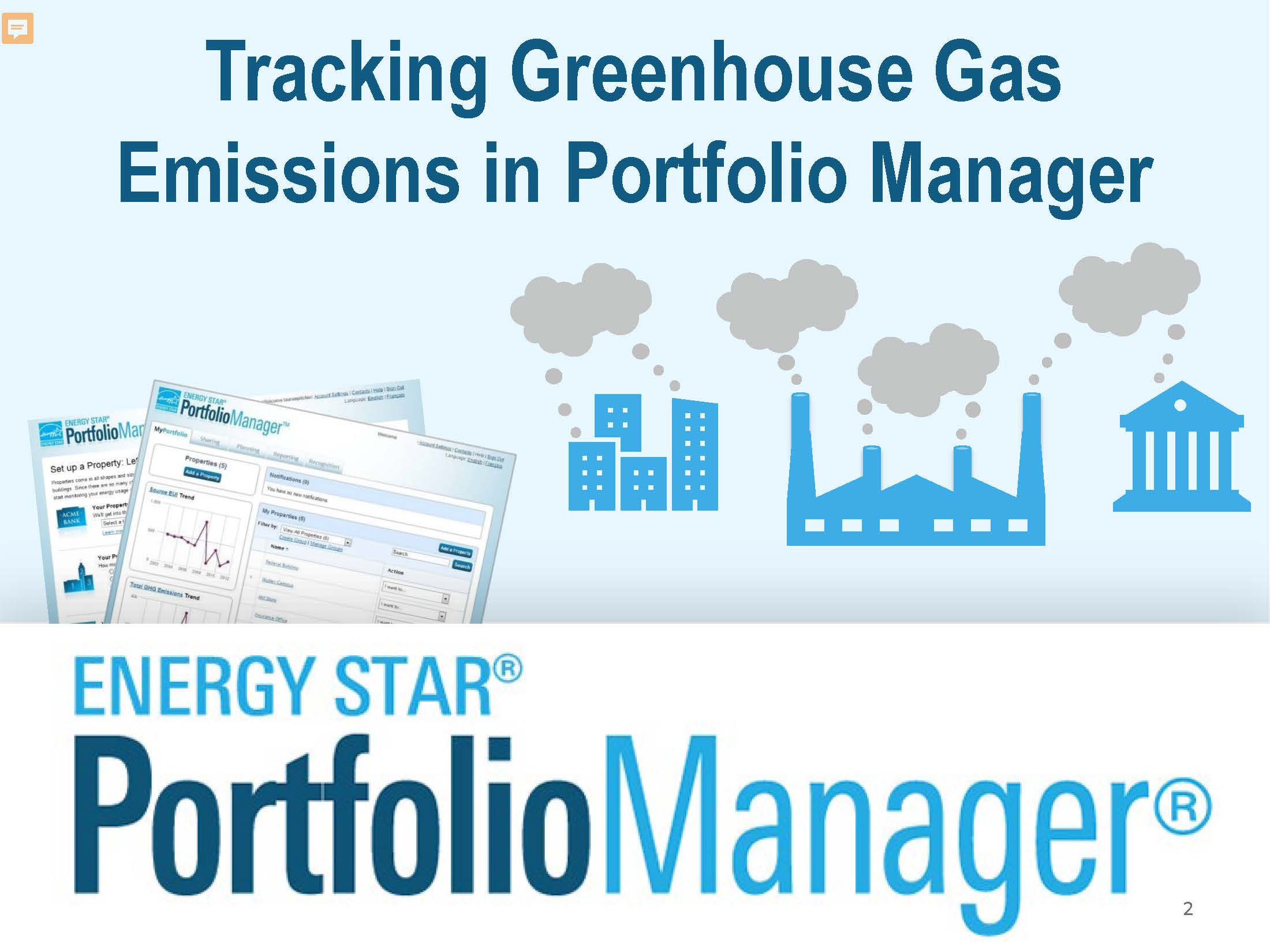 Screenshot of title slide for "tracking GHG emissions in Portfolio Manager"
