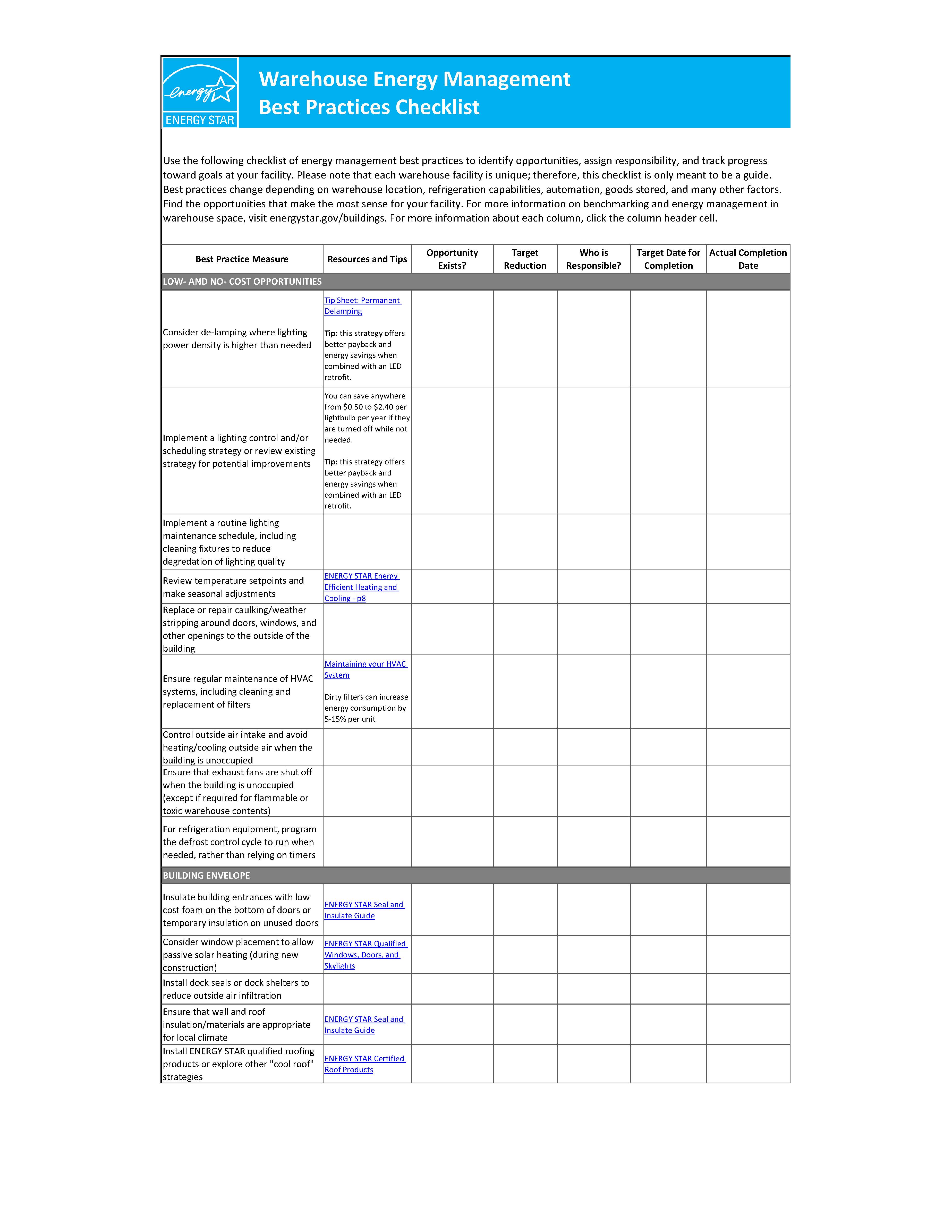 Screen shot of first page of Warehouse Energy Management Best Practices Checklist
