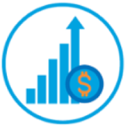 Rendering of bar chart in circle with dollar sign showing profits increasing.