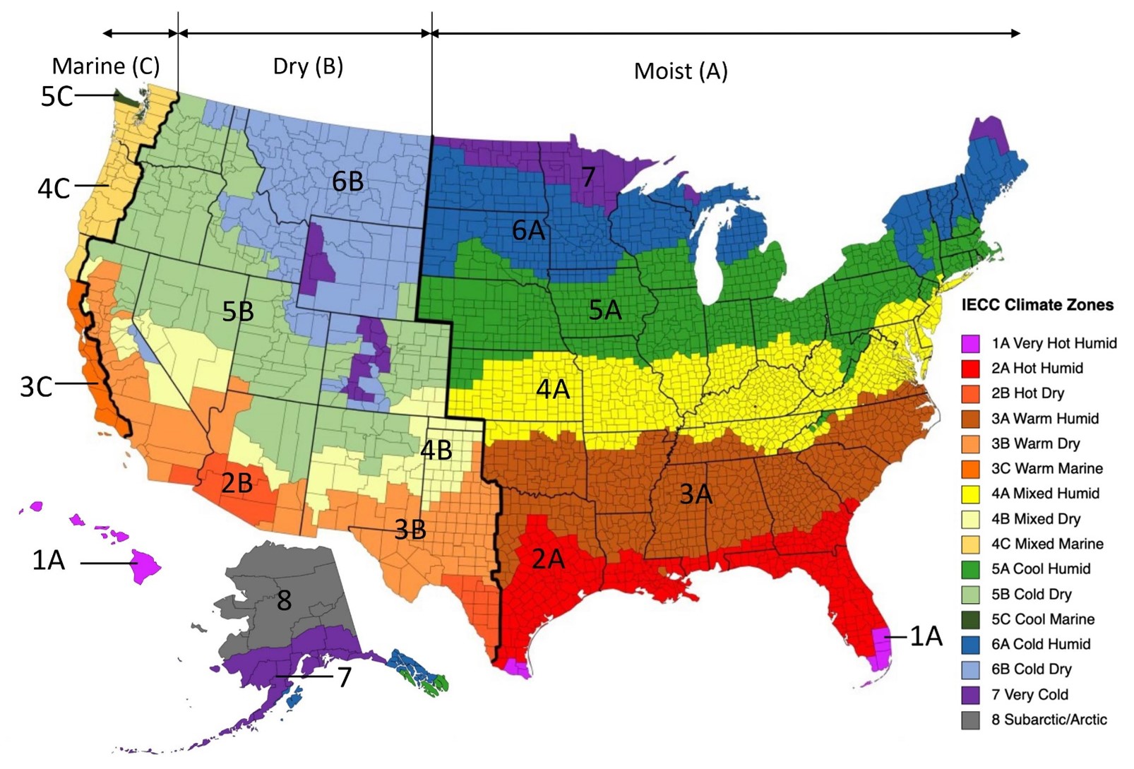 US map showing recommended insulation levels for retrofitting existing wood-framed buildings