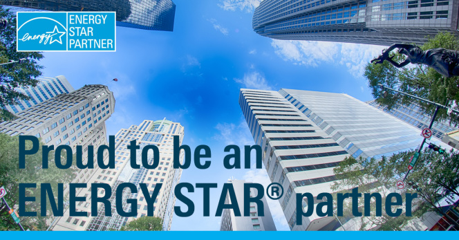 Proud to be an ENERGY STAR partner with tall buildings in background