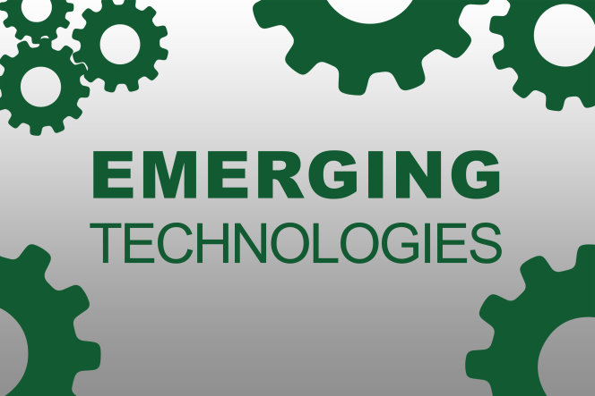 Graphic showing words "Emerging Technologies" with green gears