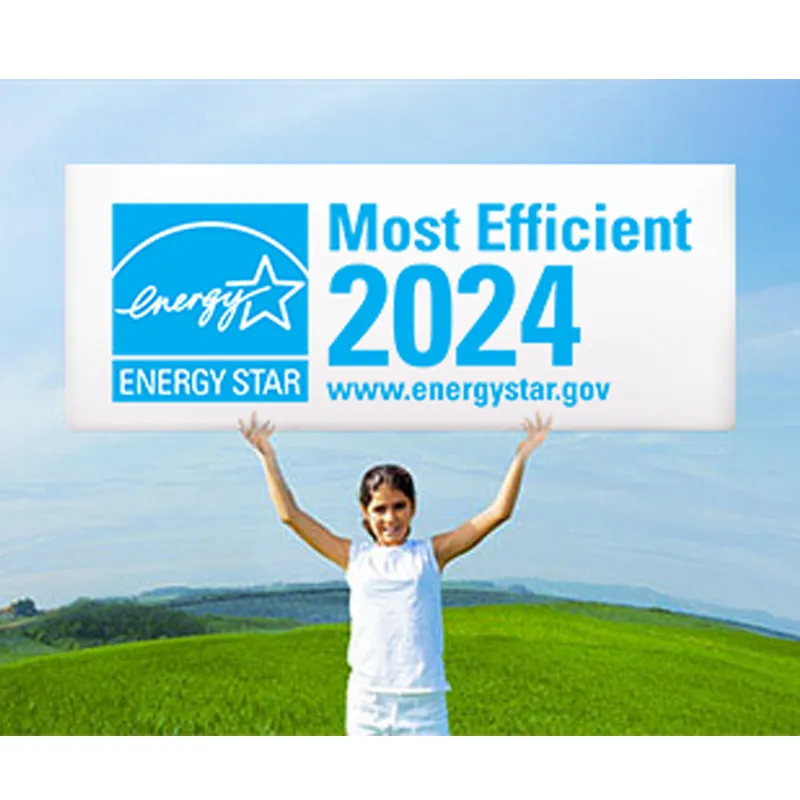 Girl holding a sign with ENERGY STAR logo and Most Efficient 2024 www.energystar.gov text
