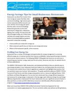 First page of Energy Savings Tips for Small Businesses: Restaurants.