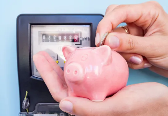Picture of electricity meter and piggy bank with hand dropping coin in.