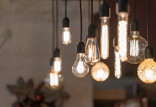 String of vintage LED light bulbs hung from the ceiling.