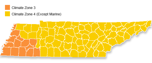 Tennessee climate zone map by county.